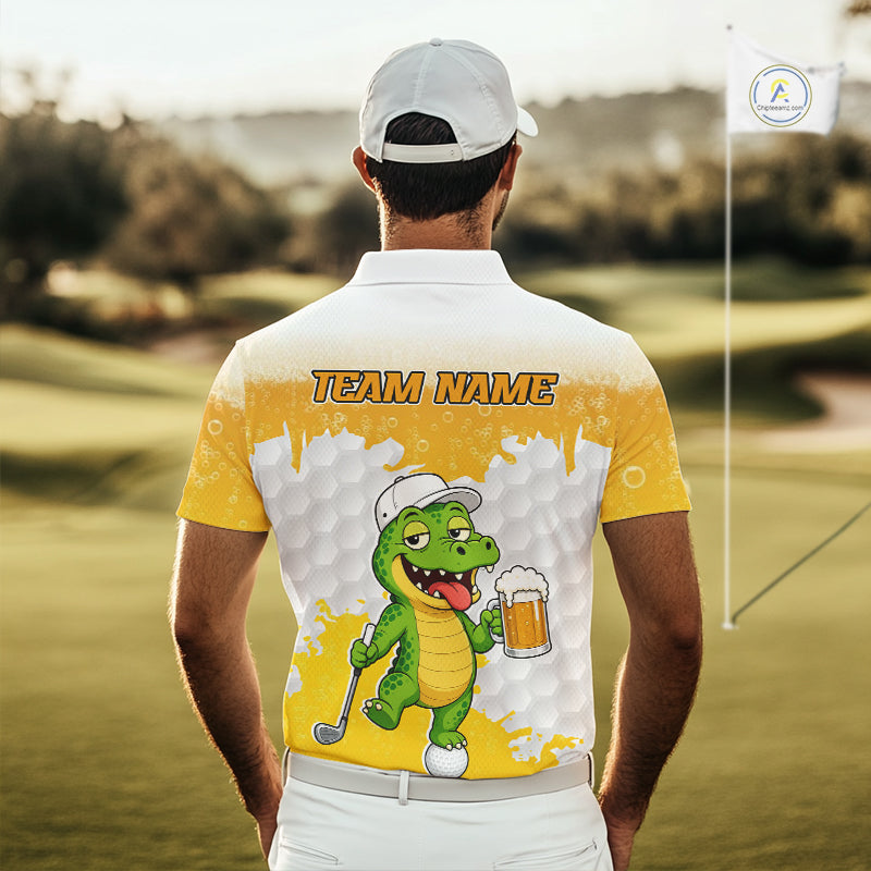 Custom Funny Alligator Drinking Beer Golf Polo Shirt Personalized Team Uniform