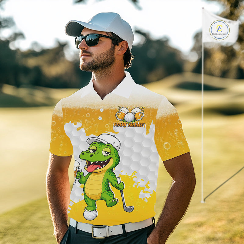 Custom Funny Alligator Drinking Beer Golf Polo Shirt Personalized Team Uniform
