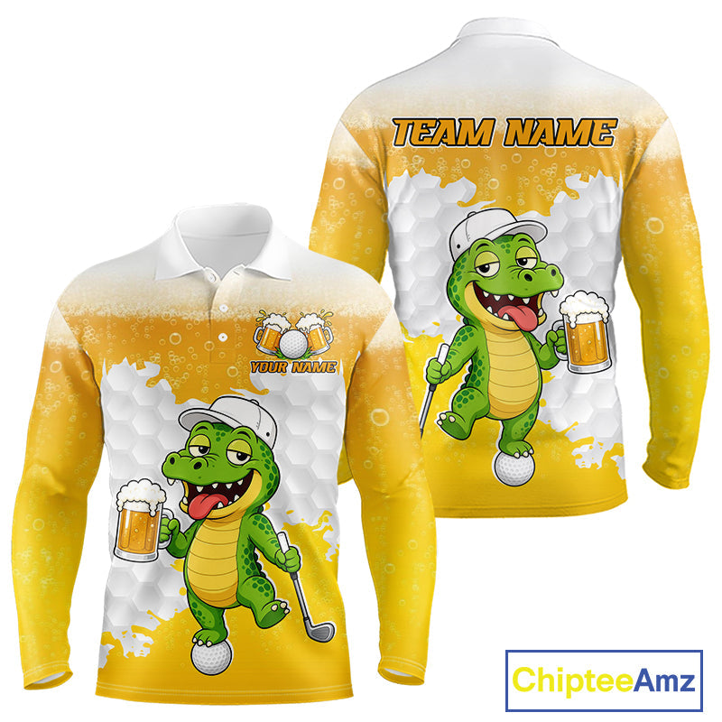 Custom Funny Alligator Drinking Beer Golf Polo Shirt Personalized Team Uniform