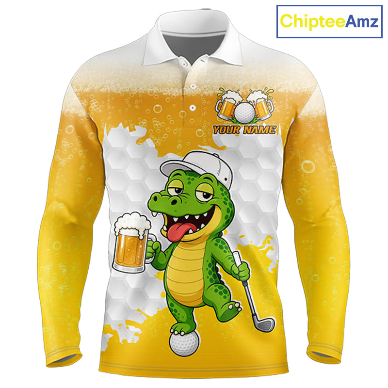 Custom Funny Alligator Drinking Beer Golf Polo Shirt Personalized Team Uniform