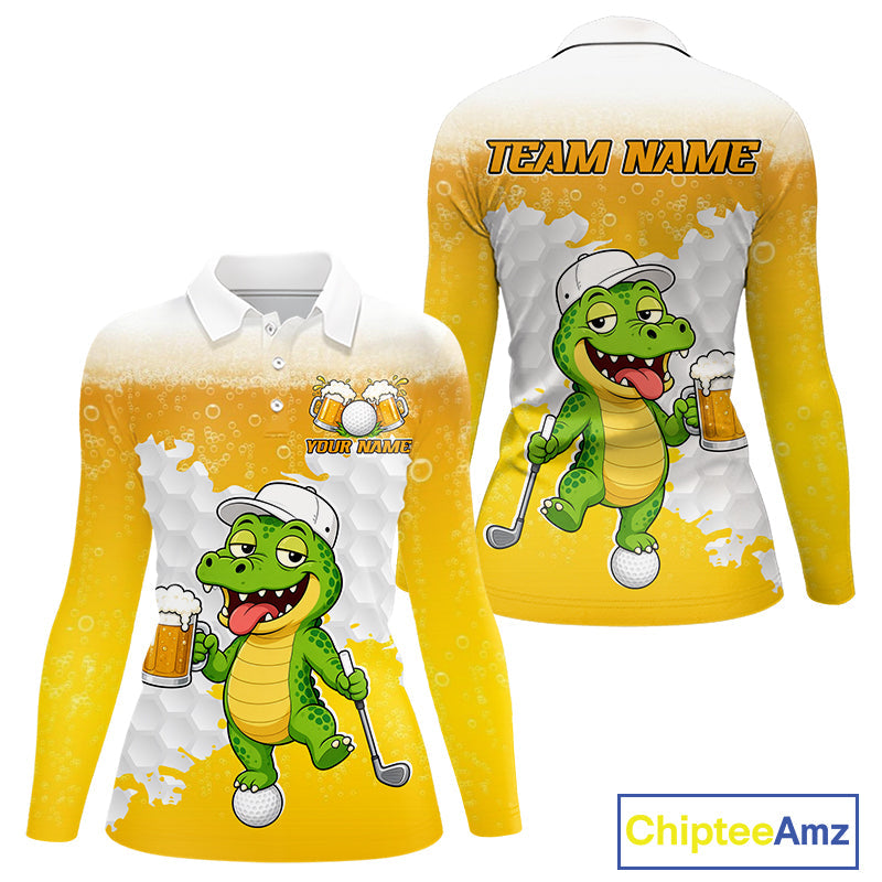 Custom Funny Alligator Drinking Beer Golf Polo Shirt Personalized Team Uniform