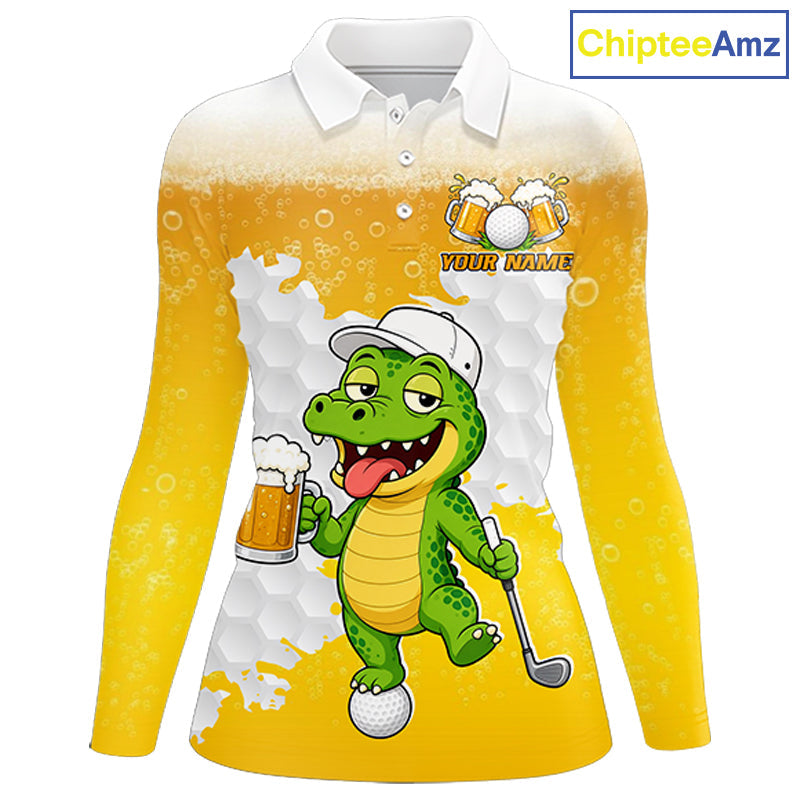 Custom Funny Alligator Drinking Beer Golf Polo Shirt Personalized Team Uniform