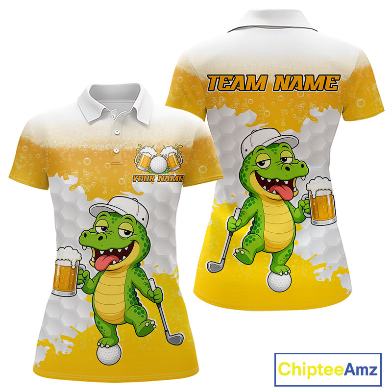 Custom Funny Alligator Drinking Beer Golf Polo Shirt Personalized Team Uniform