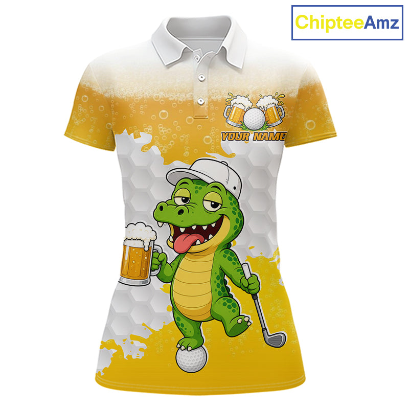 Custom Funny Alligator Drinking Beer Golf Polo Shirt Personalized Team Uniform