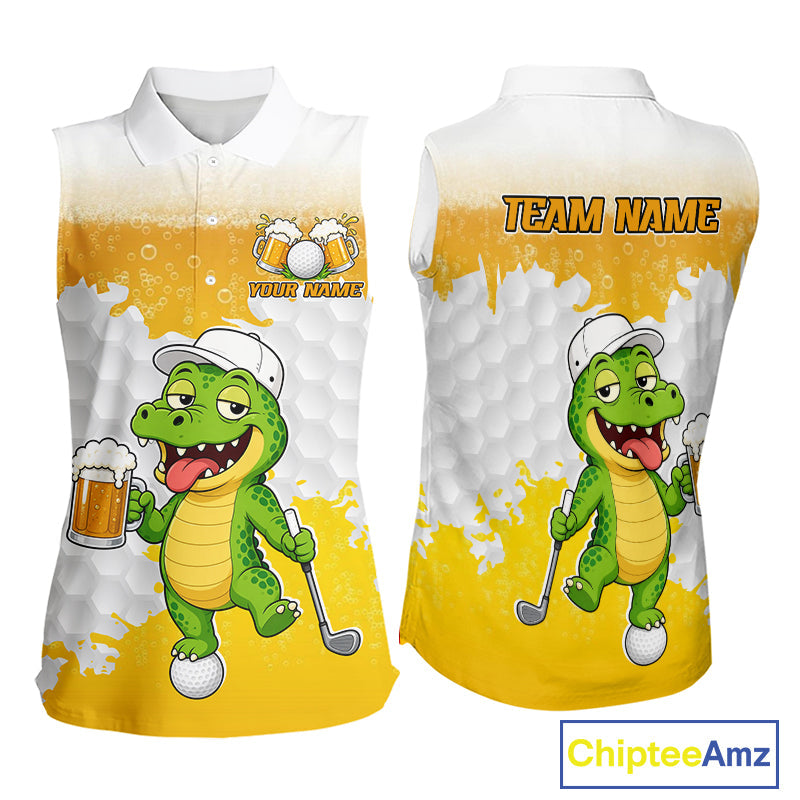 Custom Funny Alligator Drinking Beer Sleeveless Golf Polo Shirt Personalized Team Uniform
