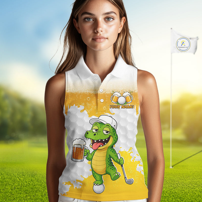 Custom Funny Alligator Drinking Beer Sleeveless Golf Polo Shirt Personalized Team Uniform