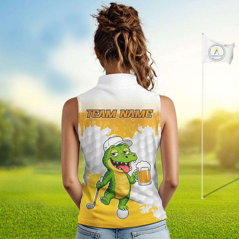 Custom Funny Alligator Drinking Beer Sleeveless Golf Polo Shirt Personalized Team Uniform