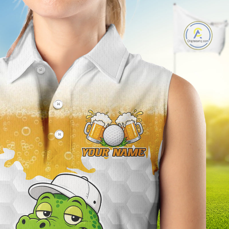 Custom Funny Alligator Drinking Beer Sleeveless Golf Polo Shirt Personalized Team Uniform