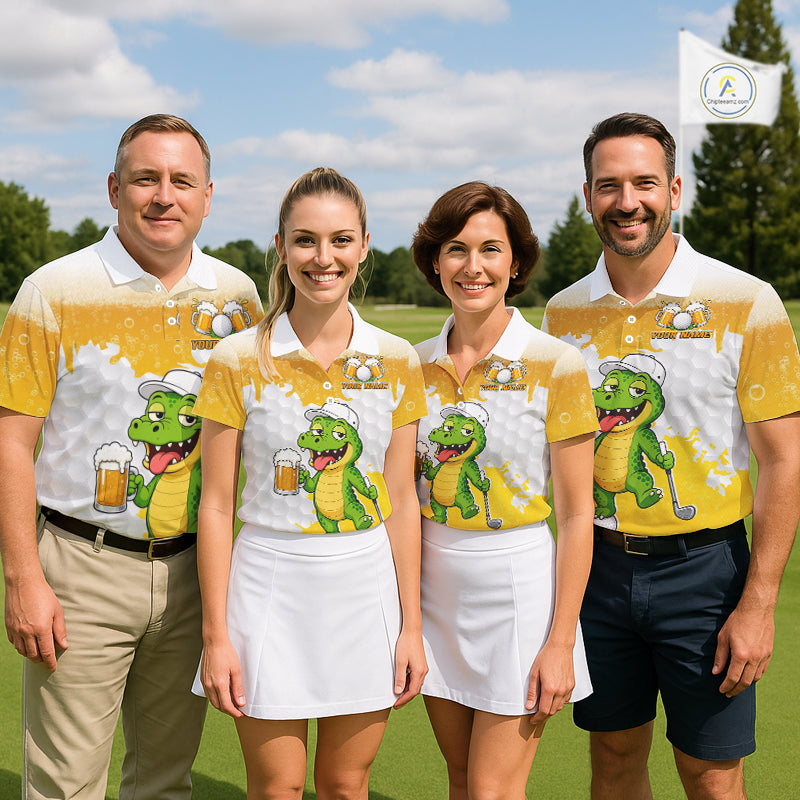 Custom Funny Alligator Drinking Beer Golf Polo Shirt Personalized Team Uniform
