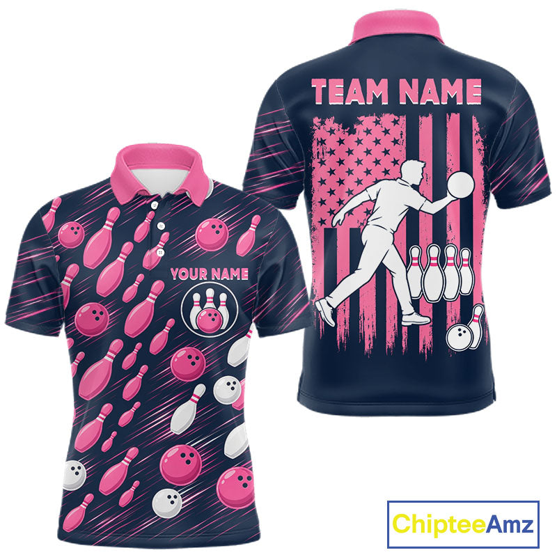 Navy Pink Bowling Ball Pins Polo Shirt Custom USA Flag Bowling Team Tournament Jersey