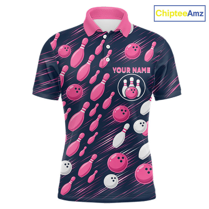 Navy Pink Bowling Ball Pins Polo Shirt Custom USA Flag Bowling Team Tournament Jersey