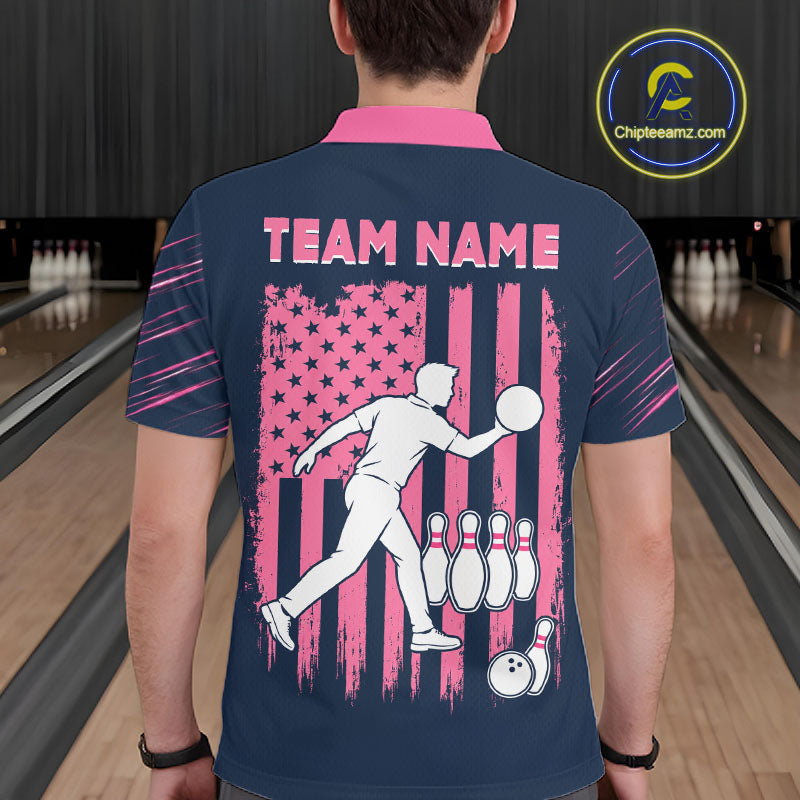 Navy Pink Bowling Ball Pins Polo Shirt Custom USA Flag Bowling Team Tournament Jersey