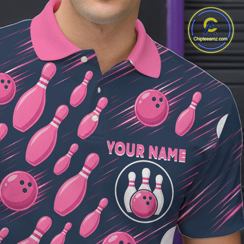 Navy Pink Bowling Ball Pins Polo Shirt Custom USA Flag Bowling Team Tournament Jersey