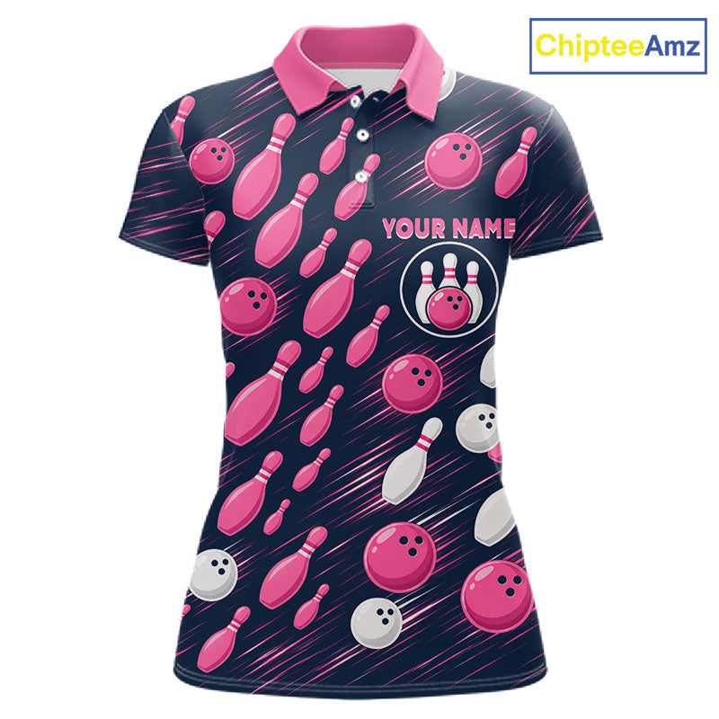 Navy Pink Bowling Ball Pins Polo Shirt Custom USA Flag Bowling Team Tournament Jersey