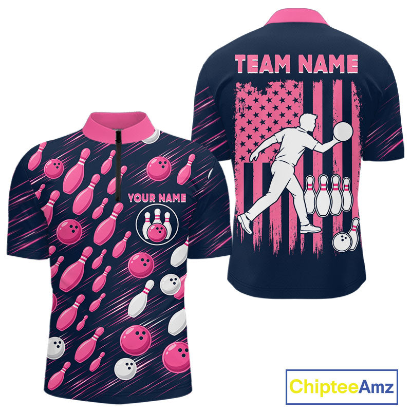 Navy Pink Bowling Ball Pins Polo Shirt Custom USA Flag Bowling Team Tournament Jersey