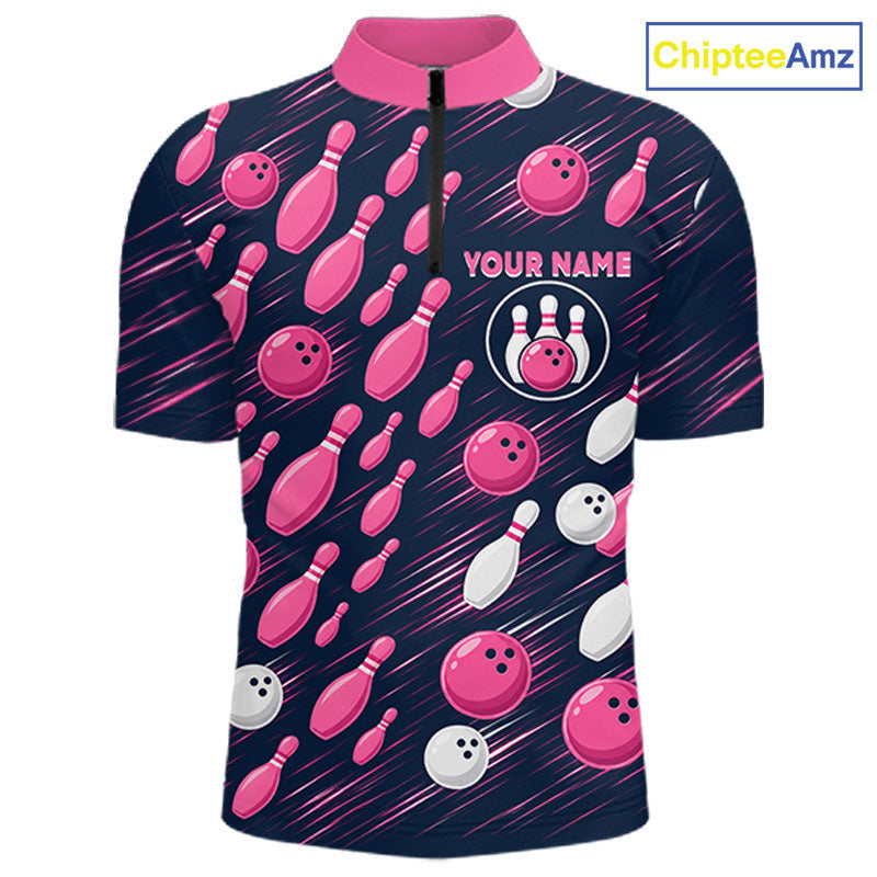 Navy Pink Bowling Ball Pins Polo Shirt Custom USA Flag Bowling Team Tournament Jersey