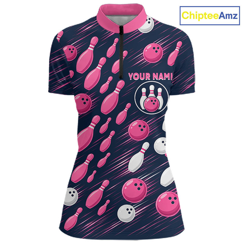 Navy Pink Bowling Ball Pins Polo Shirt Custom USA Flag Bowling Team Tournament Jersey