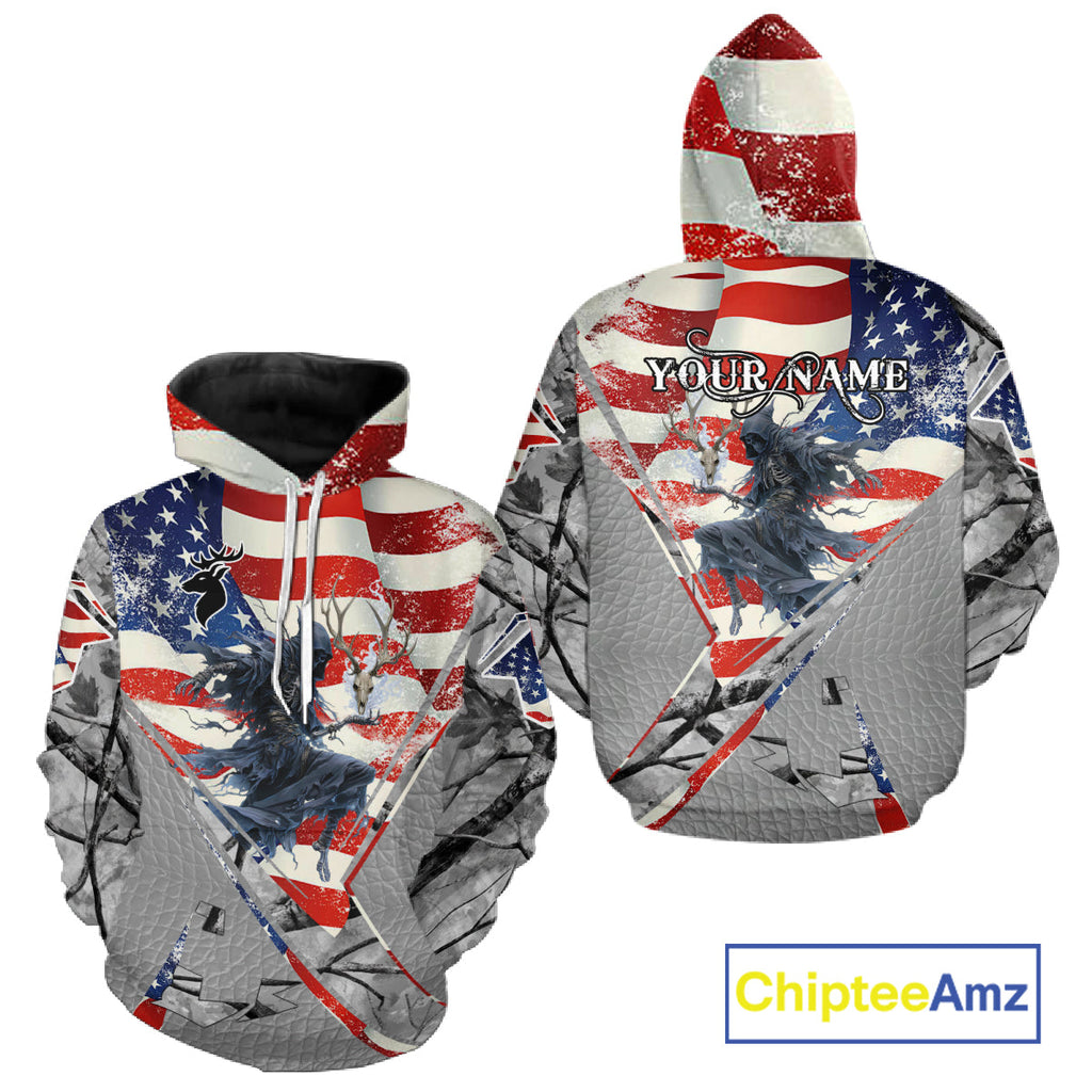 Deer Hunting 3D US Flag Camo Gray Grim Reaper Deer Skull Full Printing Custom Name Shirt