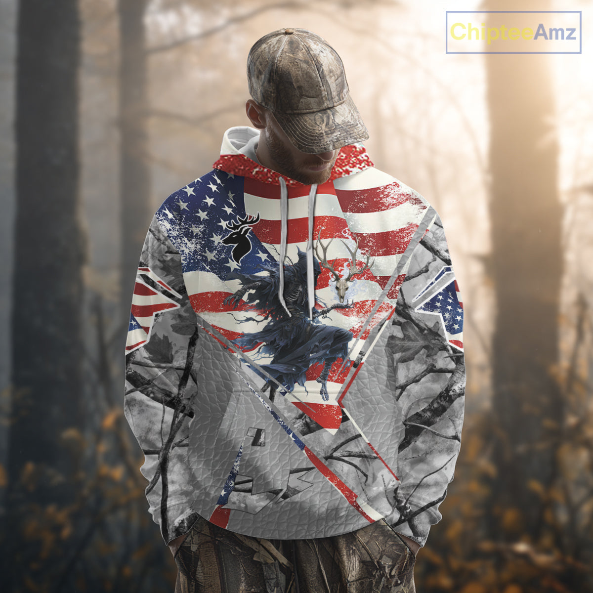 Deer Hunting 3D US Flag Camo Gray Grim Reaper Deer Skull Full Printing Custom Name Shirt