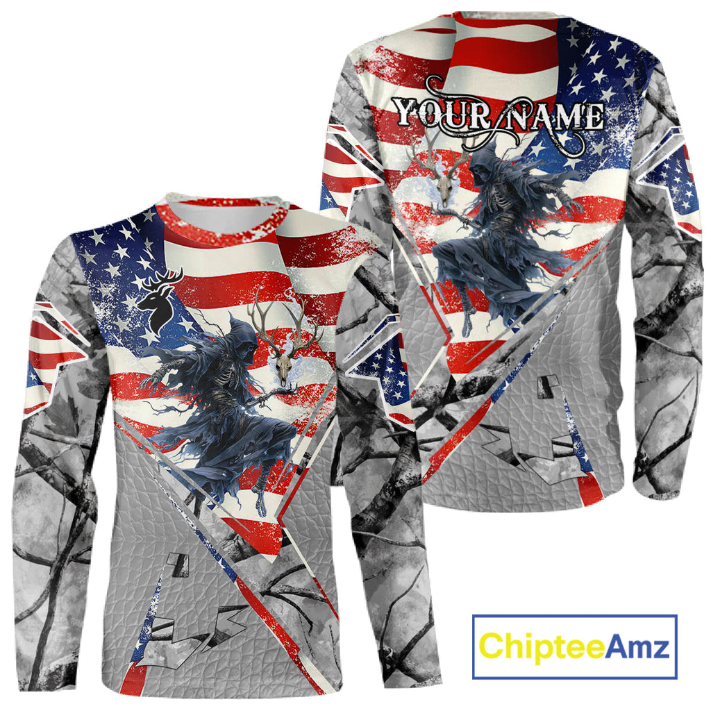 Deer Hunting 3D US Flag Camo Gray Grim Reaper Deer Skull Full Printing Custom Name Shirt