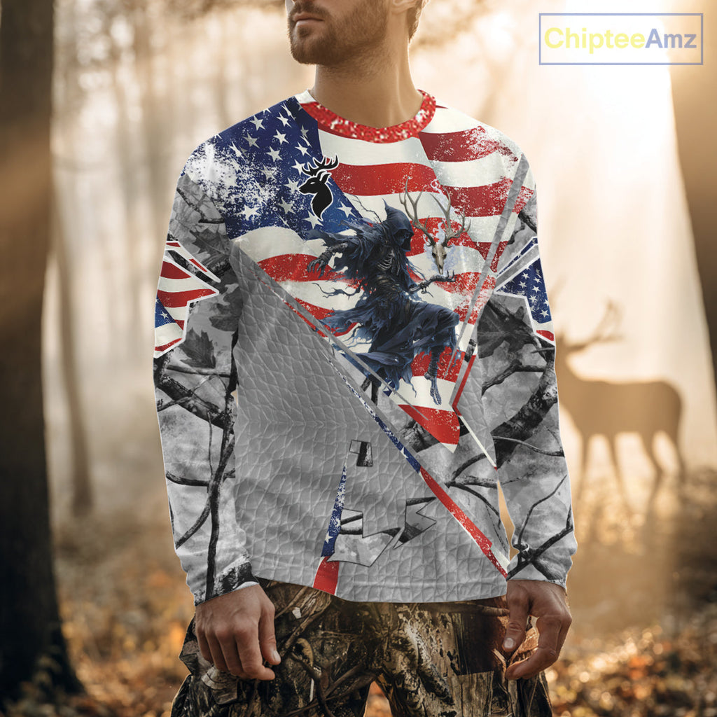 Deer Hunting 3D US Flag Camo Gray Grim Reaper Deer Skull Full Printing Custom Name Shirt
