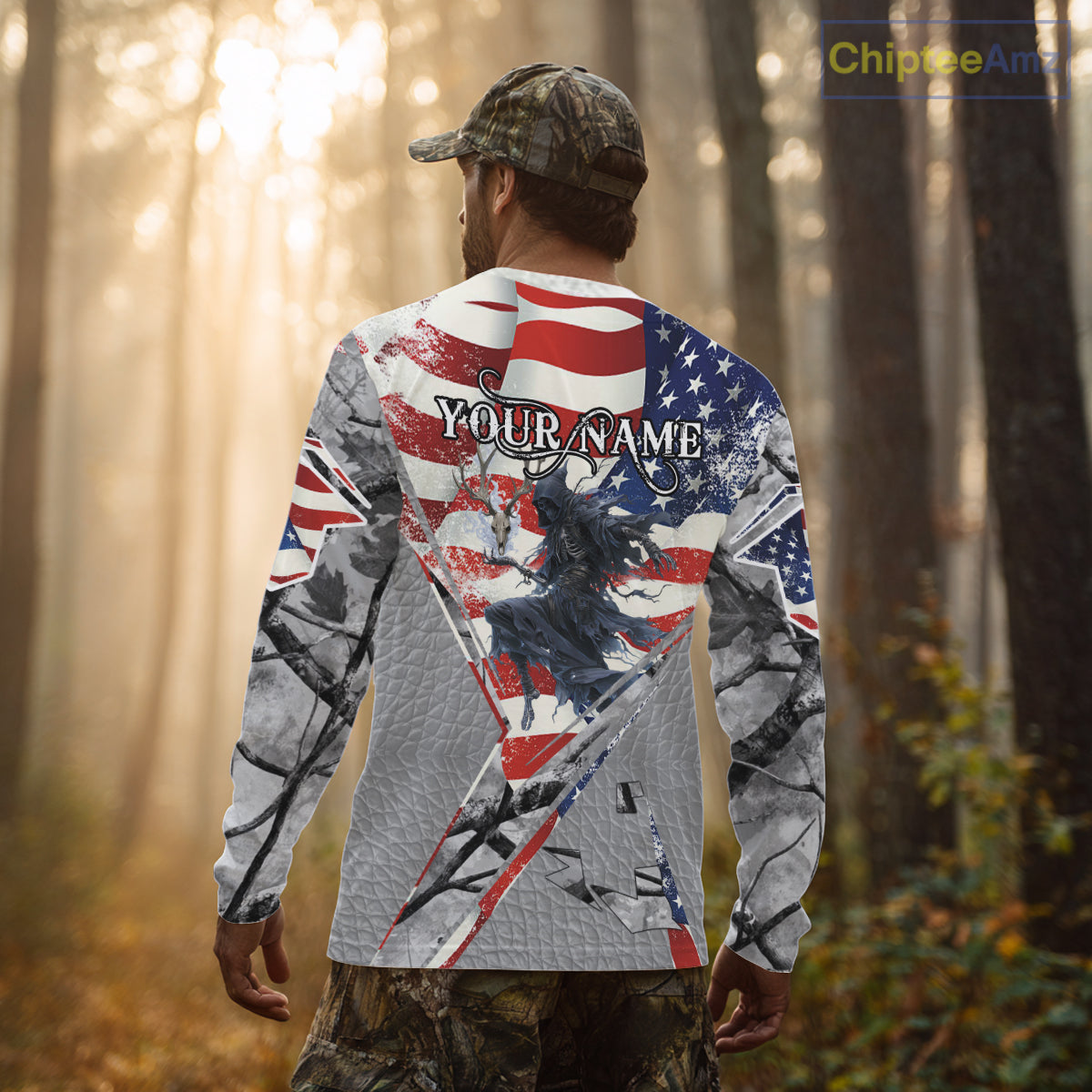 Deer Hunting 3D US Flag Camo Gray Grim Reaper Deer Skull Full Printing Custom Name Shirt
