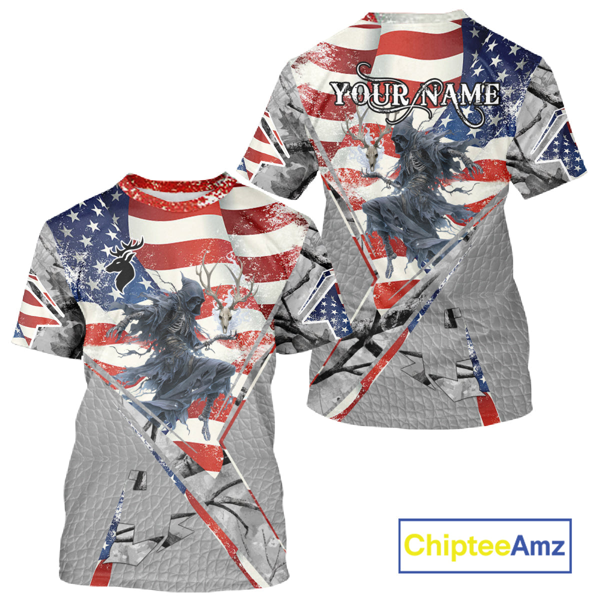 Deer Hunting 3D US Flag Camo Gray Grim Reaper Deer Skull Full Printing Custom Name Shirt