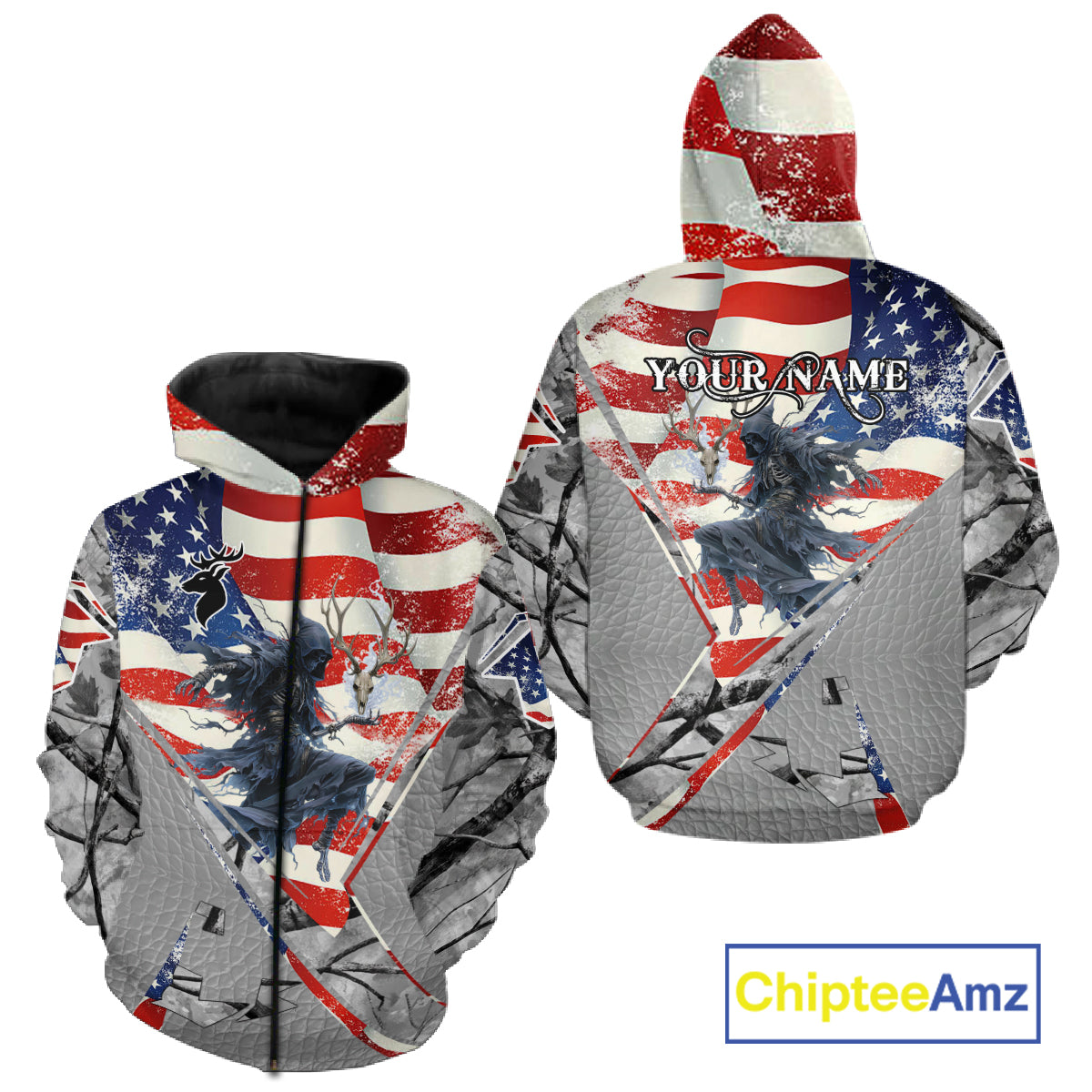 Deer Hunting 3D US Flag Camo Gray Grim Reaper Deer Skull Full Printing Custom Name Shirt