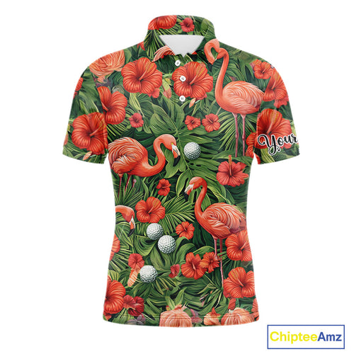 Custom Hibicus Flamingo Floral Golf Polo Shirts, Flower Golf Team Shirts