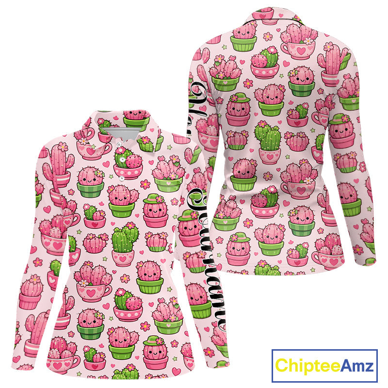 Cute Kawaii Cactus Golf Polo Shirt, Funny Pink Cartoon Cactus Shirt