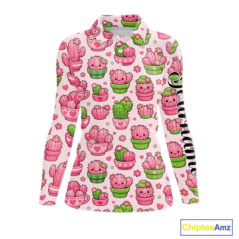 Cute Kawaii Cactus Golf Polo Shirt, Funny Pink Cartoon Cactus Shirt