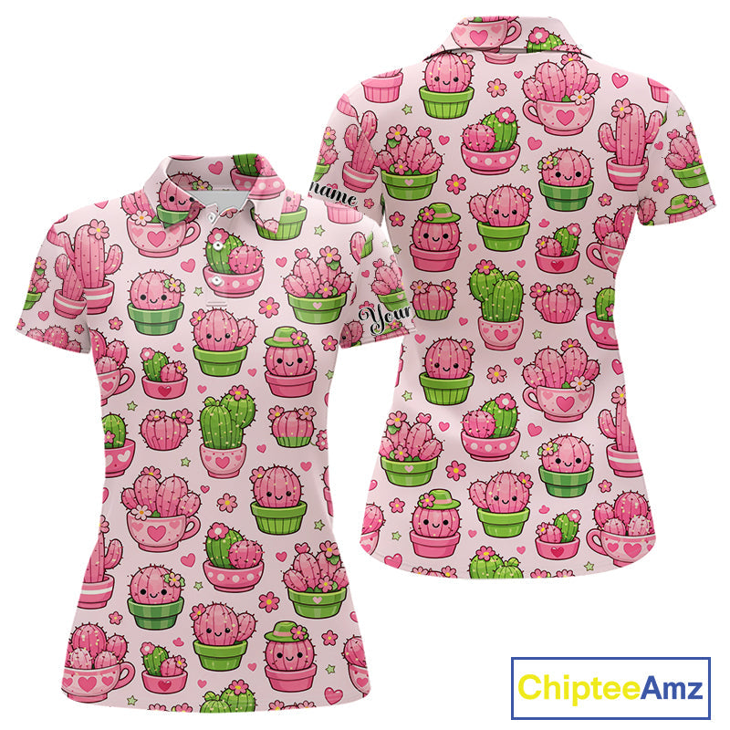 Cute Kawaii Cactus Golf Polo Shirt, Funny Pink Cartoon Cactus Shirt