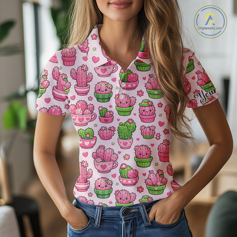 Cute Kawaii Cactus Golf Polo Shirt, Funny Pink Cartoon Cactus Shirt