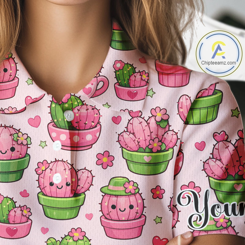 Cute Kawaii Cactus Golf Polo Shirt, Funny Pink Cartoon Cactus Shirt