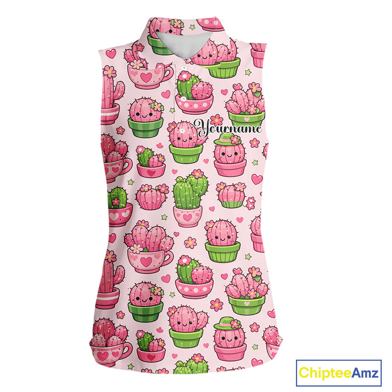 Cute Kawaii Cactus Sleeveless Golf Polo Shirt, Funny Pink Cartoon Cactus Shirt