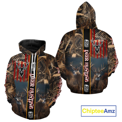 Whitetail Deer Camouflage US Flag Personalized Hunting Shirts, Hoodie Hunting Gift