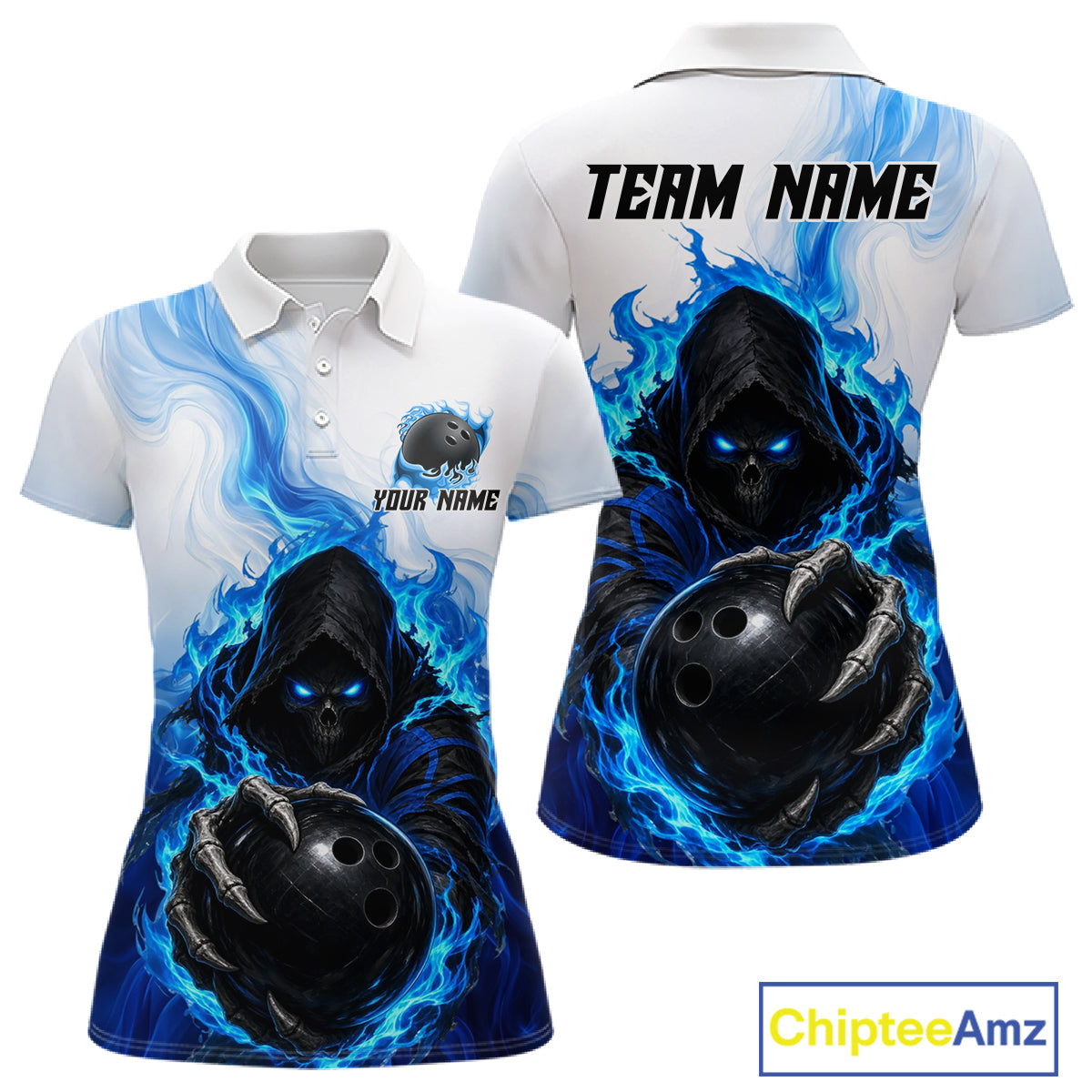 Blue White Grim Reaper Bowling Shirt Custom Team League Bowling Jersey Polo, 1/4 Zip