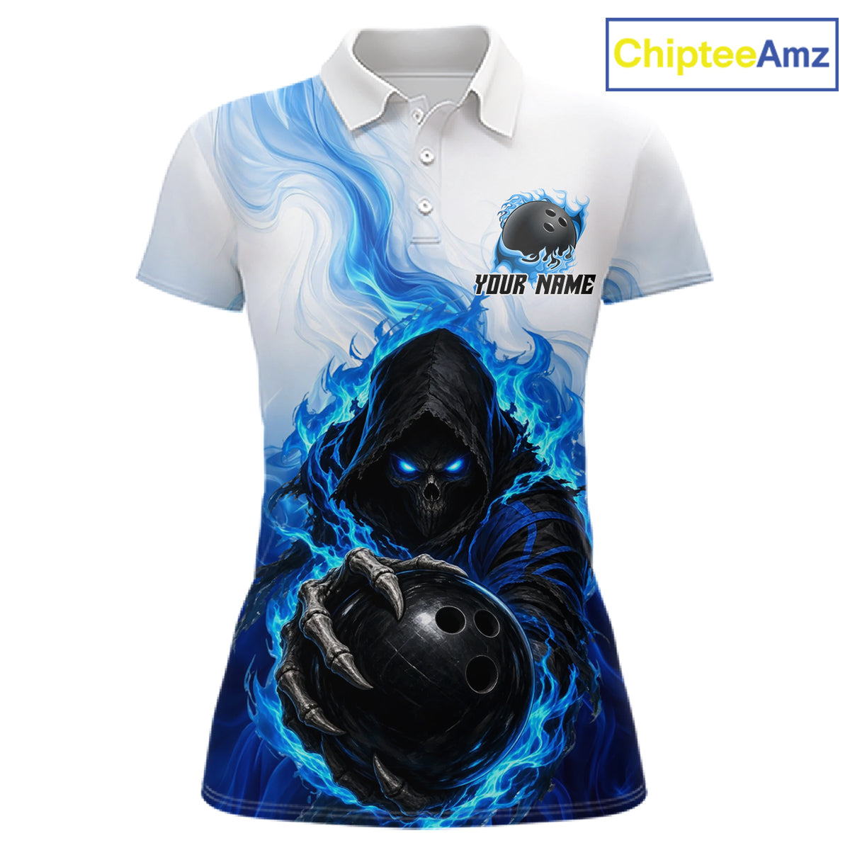 Blue White Grim Reaper Bowling Shirt Custom Team League Bowling Jersey Polo, 1/4 Zip