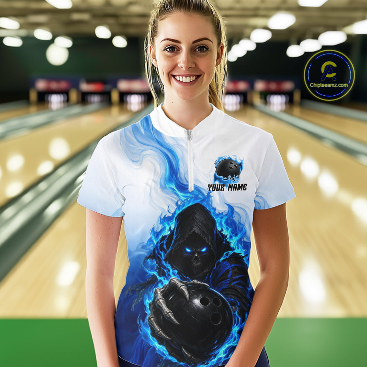 Blue White Grim Reaper Bowling Shirt Custom Team League Bowling Jersey Polo, 1/4 Zip