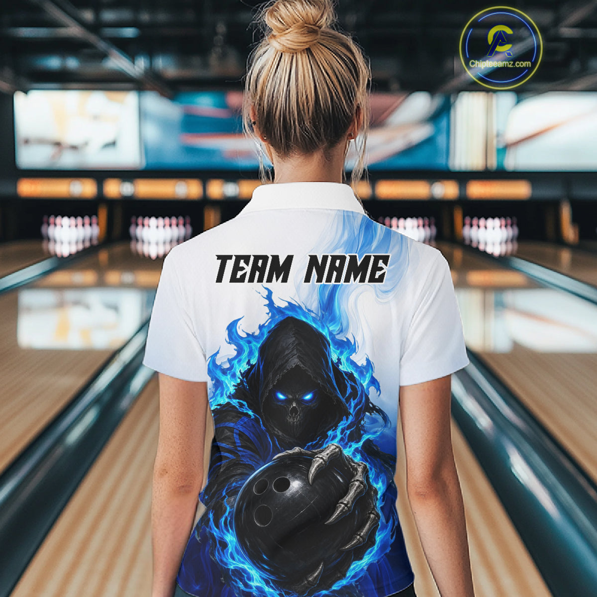 Blue White Grim Reaper Bowling Shirt Custom Team League Bowling Jersey Polo, 1/4 Zip