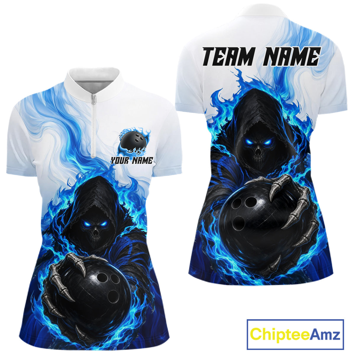 Blue White Grim Reaper Bowling Shirt Custom Team League Bowling Jersey Polo, 1/4 Zip