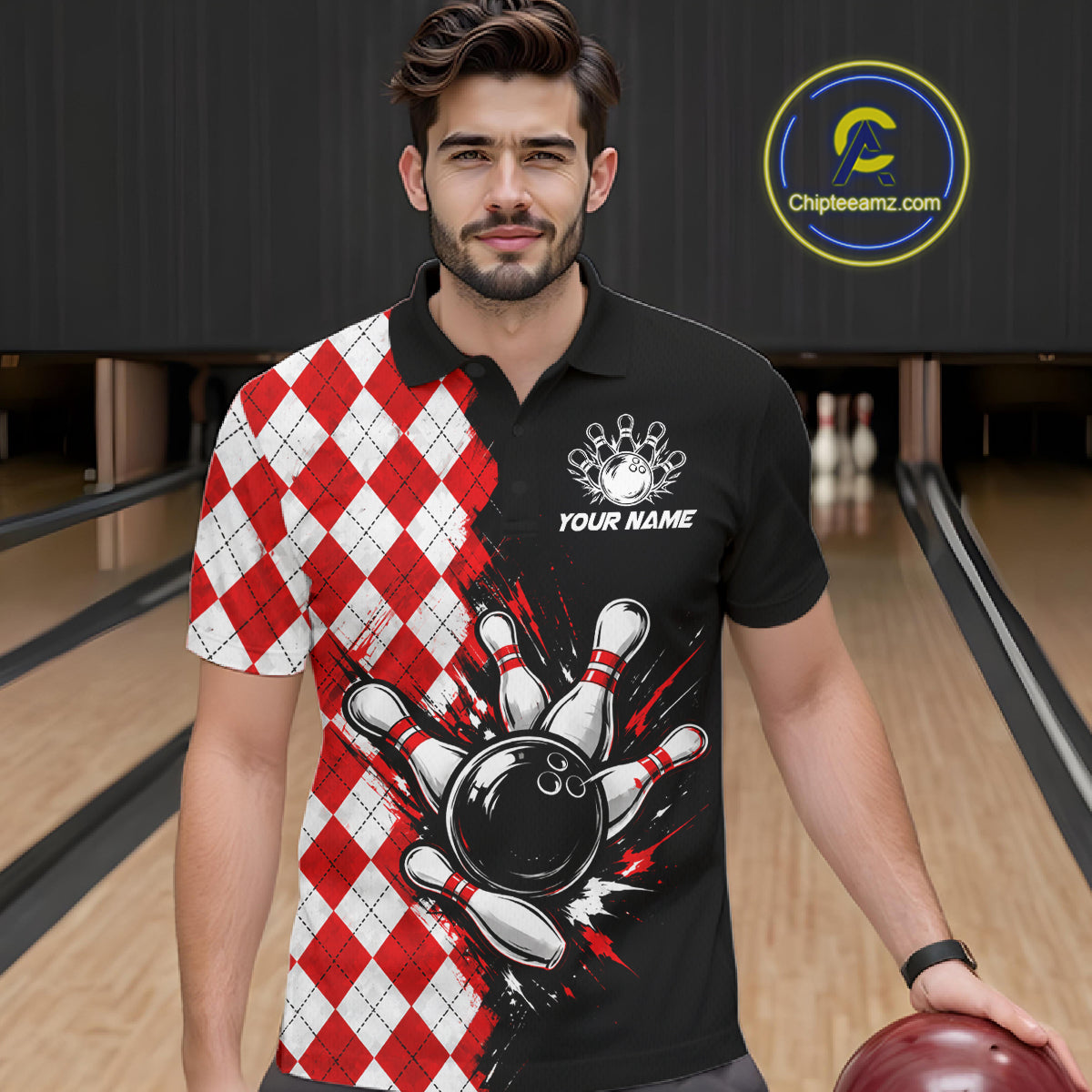 Retro Black Red Argyle Pattern Bowling Shirts Custom Bowling Team Jerseys Bowler Outfits