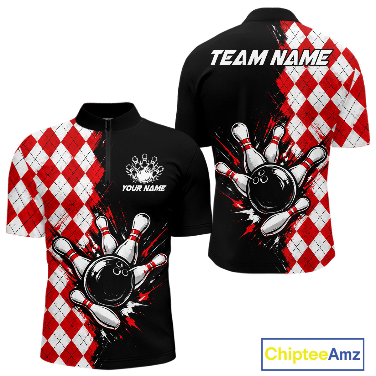 Retro Black Red Argyle Pattern Bowling Shirts Custom Bowling Team Jerseys Bowler Outfits