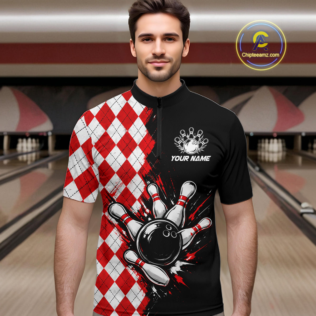 Retro Black Red Argyle Pattern Bowling Shirts Custom Bowling Team Jerseys Bowler Outfits