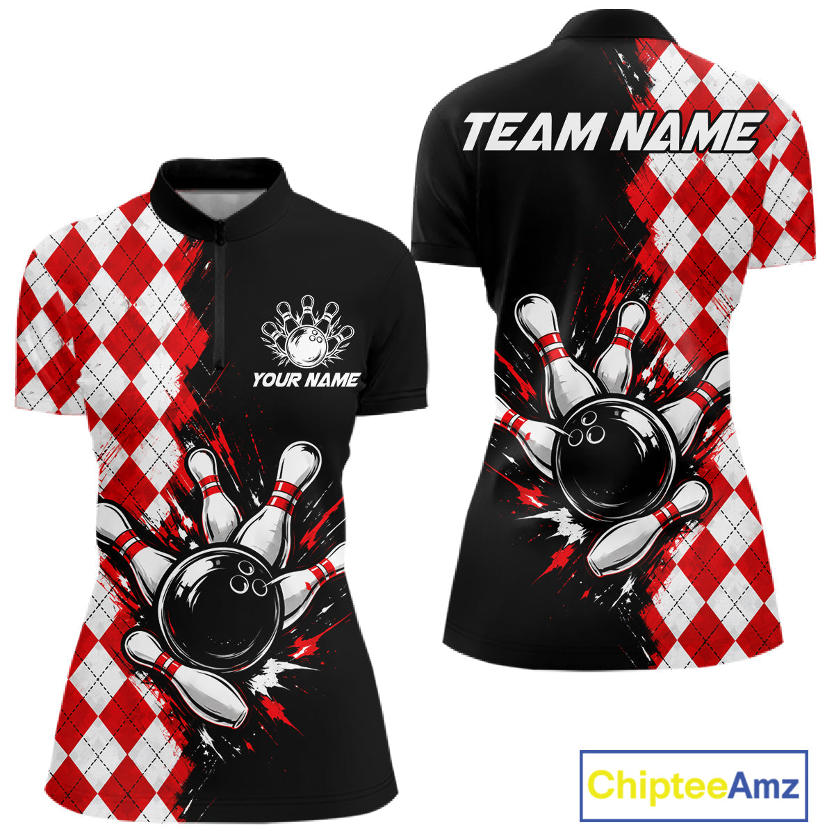 Retro Black Red Argyle Pattern Bowling Shirts Custom Bowling Team Jerseys Bowler Outfits