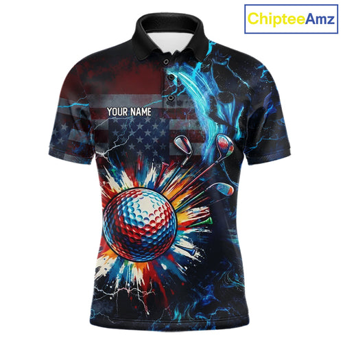 American Flag Golf Polo Shirt Custom Name Black Golf Shirt, Patriotic Golf Team Shirts