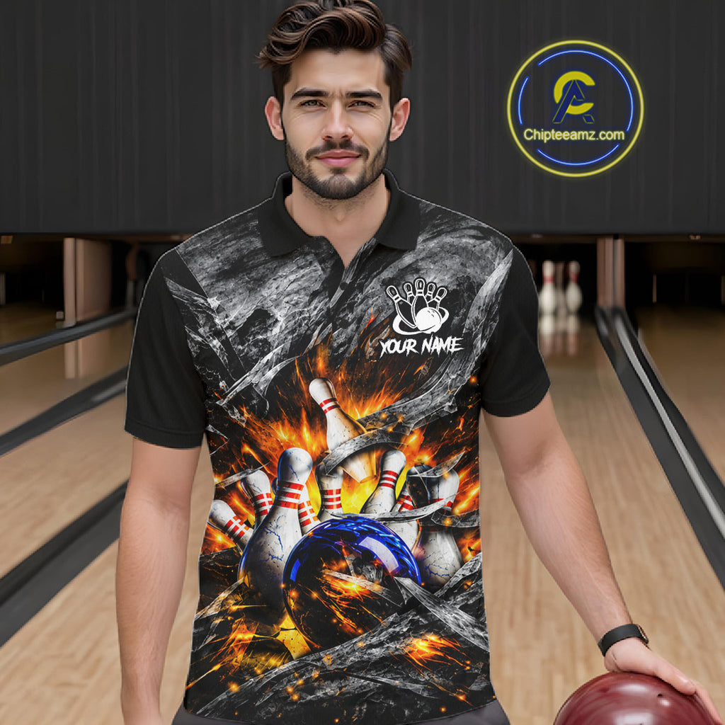 Custom Gray And Orange Flame Bowling Jerseys, Bowling League Shirt Bowlers Jerseys