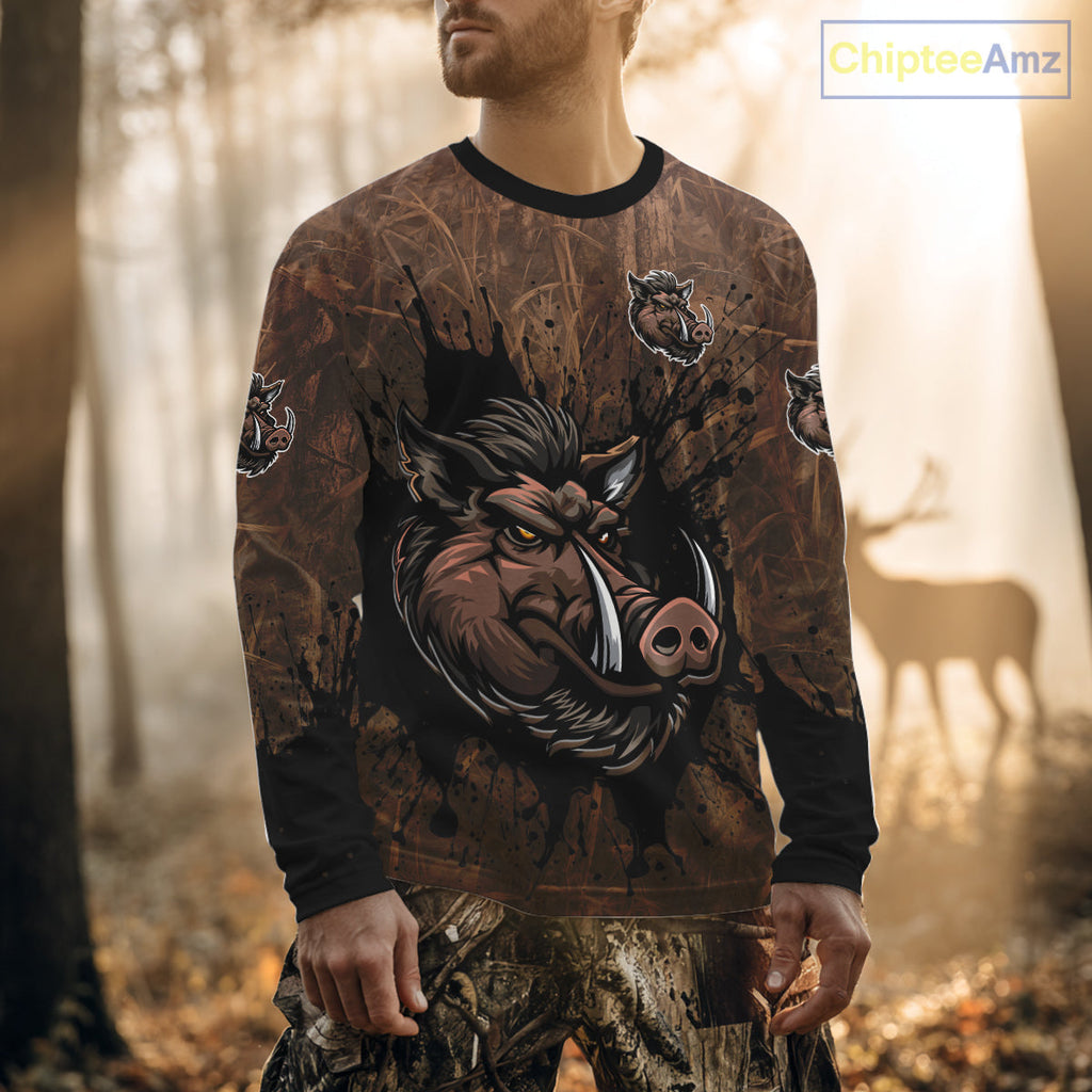 Brown Camo Boar Hunting 3D All Over Printed Shirts, Custom Boar Hunting Outfit, Hunting Gifts
