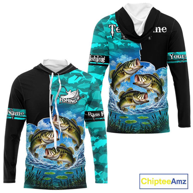Custom Blue Camo Bass Fishing Long Sleeve Hooded Fishing Shirts, Personalized Bass Fishing Team Jerseys