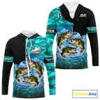 Custom Blue Camo Bass Fishing Long Sleeve Hooded Fishing Shirts, Personalized Bass Fishing Team Jerseys